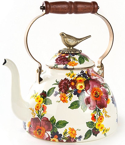 MacKenzie-Childs White Flower Market Bird Tea Kettle, 3 Qt.