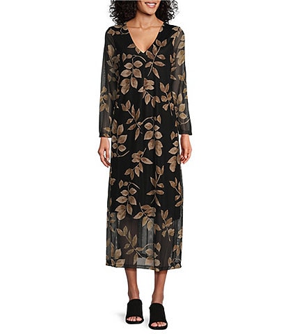 M Made in Italy Printed Mesh V-Neck Long Sleeve Midi Dress