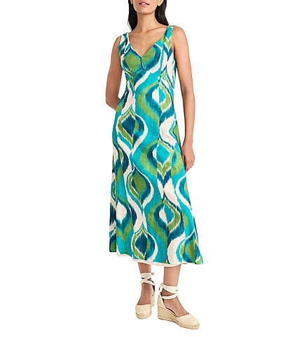 Maggy London Abstract Print V-Neck Sleeveless Linen Blend A-Line Midi Dress