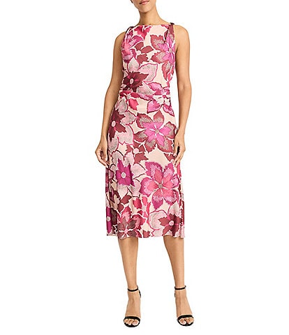 Maggy London Boat Neck Sleeveless Floral Print Sheath Midi Dress