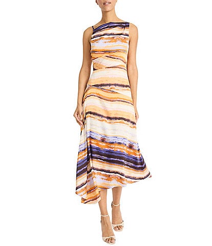 Maggy London Boat Neck Sleeveless Printed Satin Georgette Midi Dress