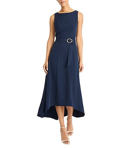 Maggy London Boat Neck Sleeveless Seamed Belted Fluid Crepe High-Low Midi Dress