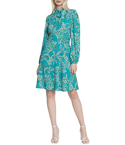 Maggy London Bubble Crepe Floral Embroidery Tie Neck Long Sleeve Dress