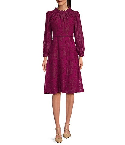 Maggy London Chiffon Crew Neck Long Sleeve Fit and Flare Dress