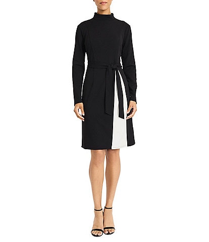 Maggy London Color Block Scuba Crepe Mock Beck Long Sleeve Self-Tie Belt A-Line Midi Dress