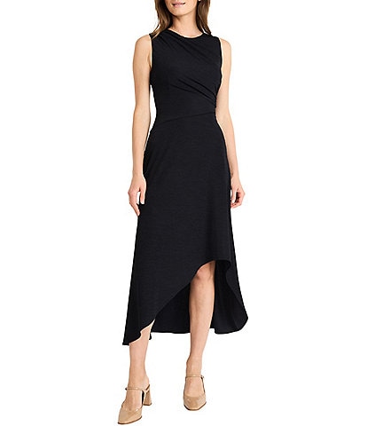 Maggy London Crepe Round Neck Sleeveless Gathered High Low Hem Midi Dress