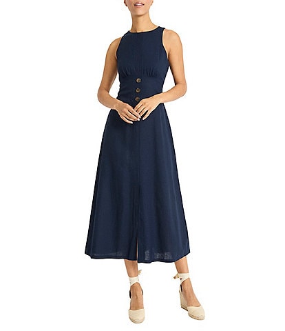 Maggy London Crew Neck Sleeveless Cut Out Back Linen Blend Midi Dress