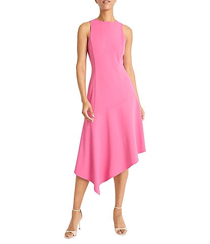 Maggy London Crew Neck Sleeveless Scuba Crepe Asymmetrical Hem Midi Dress