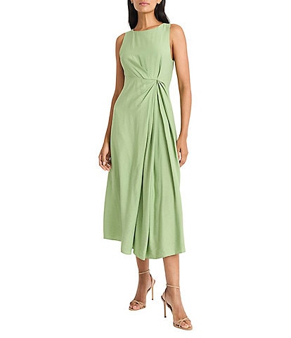 Maggy London Crew Neck Sleeveless Twist Front Textured Draped Midi Dress