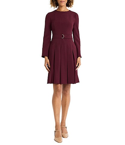 Maggy London Cross Hatchi Stretch Crew Neck Long Sleeve Pleated Dress