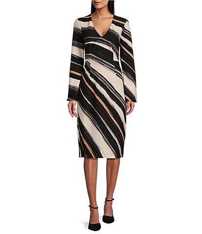 Maggy London Diagonal Stripe Scuba Crepe V-Neck Long Bell Sleeve Sheath Dress