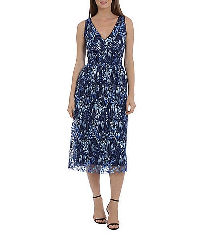 Maggy London Double V-Neck Sleeveless Embroidered Mesh Midi Fit & Flare Dress