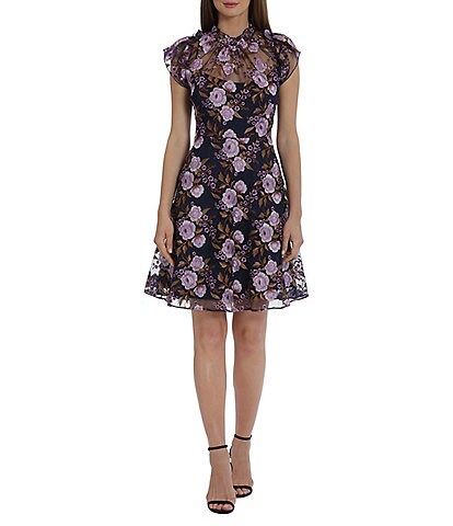 Maggy London Embroidered Illusion Mock Neckline Cap Sleeve Dress