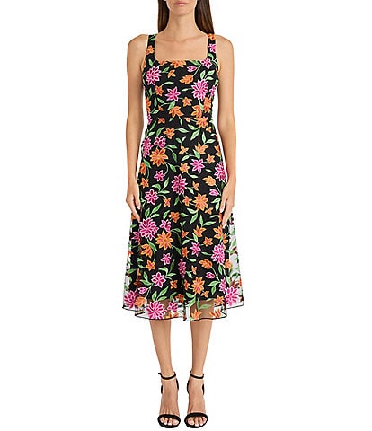 Maggy London Embroidered Square Neck Sleeveless Midi Dress