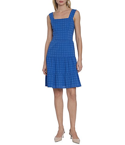 Maggy London Eyelet Gingham Print Square Neck Sleeveless Tiered Dress