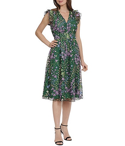 Maggy London Floral Embroidered Ruffle Trim Sleeveless A-Line Midi Dress