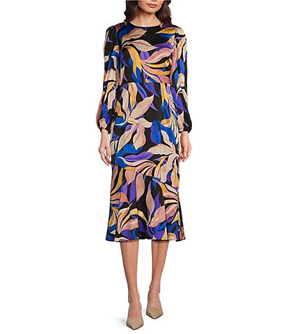 Maggy London Floral Leaf Print Light Charmeuse Round Neck Long Sleeve Dress