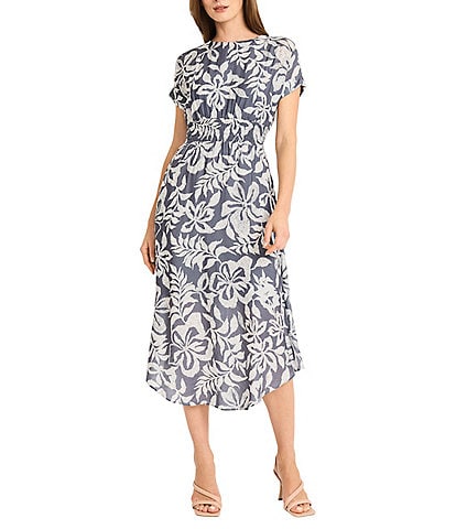 Maggy London Floral Print Crew Neck Short Sleeve Fit And Flare Midi Dress