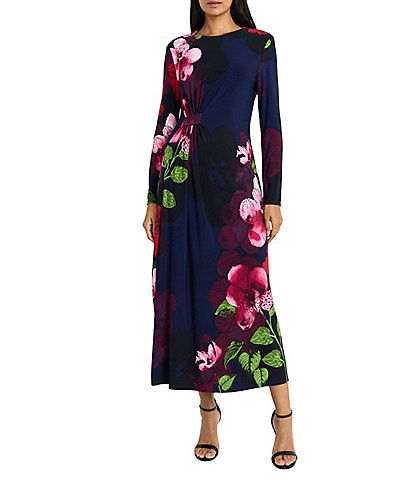 Maggy London Floral Print Jersey Knit Boat Neck Long Sleeve Asymmetrical A-Line Dress