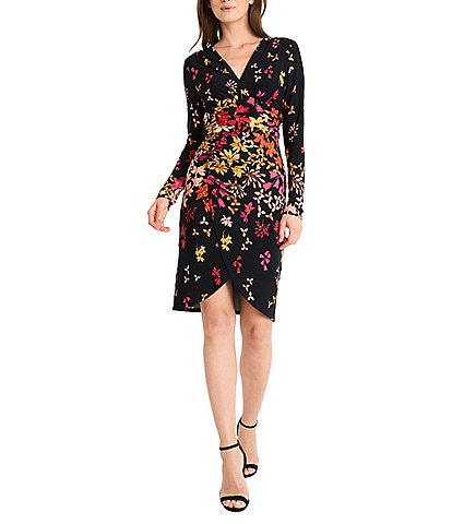 Maggy London Floral Print Matte Jersey V-Neck Long Sleeve Tulip Hem Dress