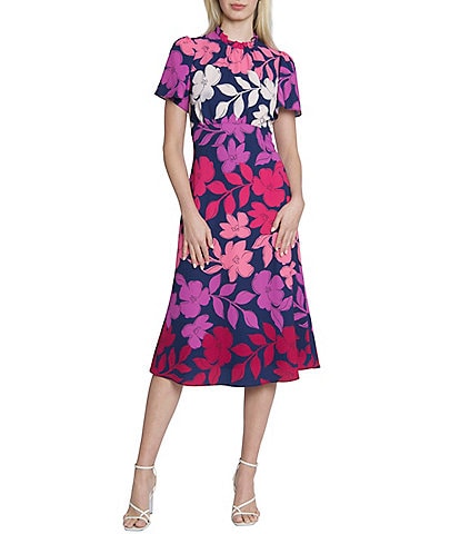 Maggy London Floral Print Mock Neck Short Sleeve A-Line Midi Dress