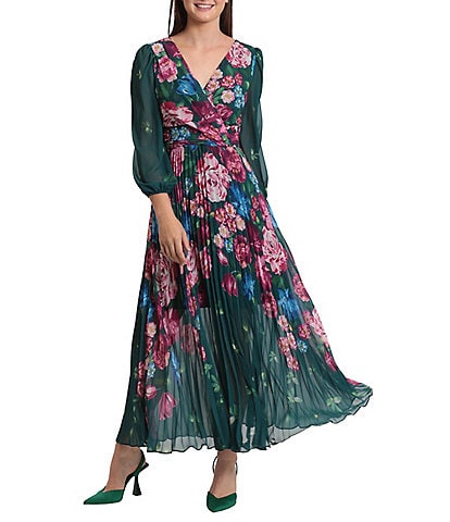 Maggy London Floral Print Pleated V-Neck 3/4 Sleeve A-Line Maxi Dress