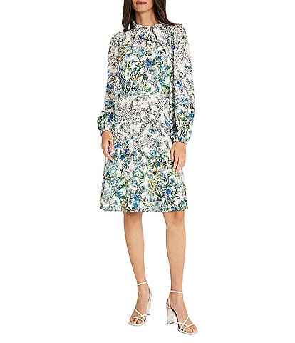 Maggy London Floral Print Tie Neck Long Sleeve A-Line Dress