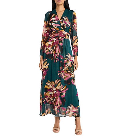 Maggy London Floral Print Yoryu Gold Stripe Surplice V-Neck Long Sleeve Shirred Waist A-Line Dress