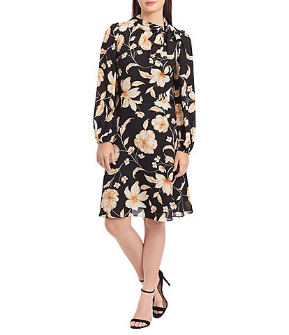 Maggy London Floral Printed Tie Mock Neck Long Sleeve Shift Dress