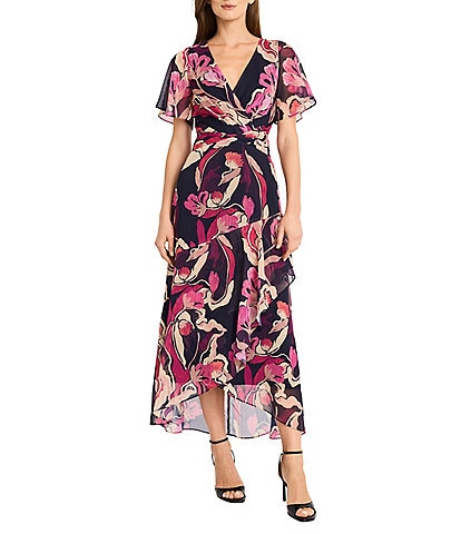 Maggy London Floral Yoryu Surplice V-Neck Flutter Sleeves Front Twist Midi Dress
