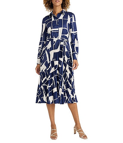 Maggy London Geometric Abstract Print Button Down Collar Neck Long Sleeve Pleated Tie Front Midi Dress