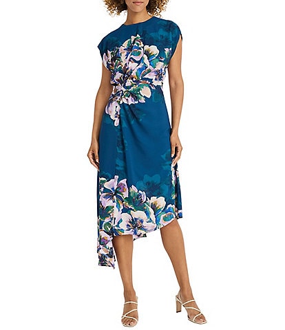 Maggy London Georgette Floral Print Round Neck Cap Sleeve Asymmetrical Hem Blouson Dress