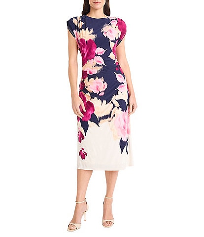 Maggy London ITY Floral Crew Neck Cap Sleeve Side Ruched Sheath Midi Dress