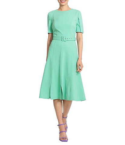 Maggy London Jewel Neck Short Sleeve Stretch A-Line Midi Dress
