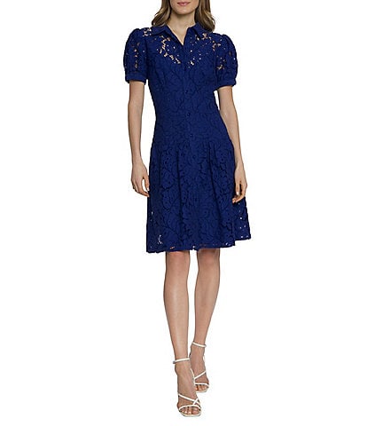 Maggy London Lace Collar Neck Short Puff Sleeve Button Front Dress