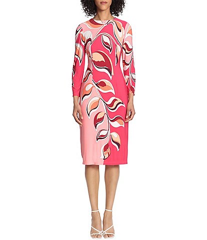 Maggy London Leaf Print Color Block Stretch Jersey Crew Neck 3/4 Sleeve Sheath Midi Dress