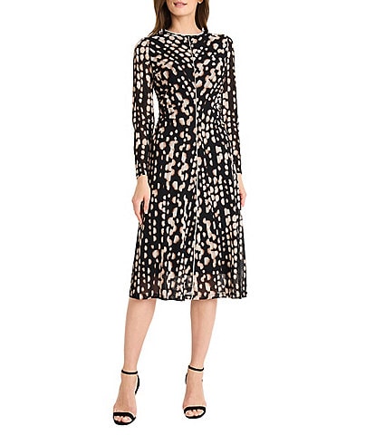 Maggy London Long Sleeve Printed Mesh Midi Dress