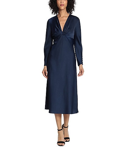 Maggy London Long Sleeve Satin Twisted V-Neck Knotted Midi Dress