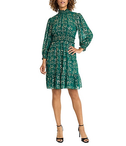 Maggy London Long Sleeve Smocked High Neck Drizzle Foil Georgette Dress