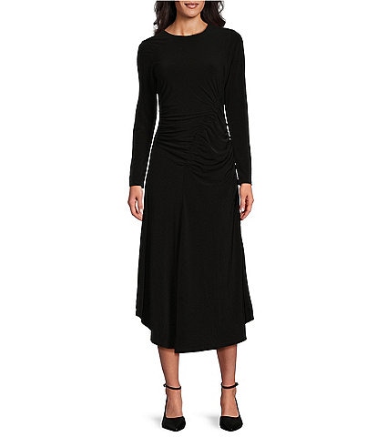 Maggy London Matte Jersey Round Neck Long Sleeve Asymmetrical Gathered Long Dress