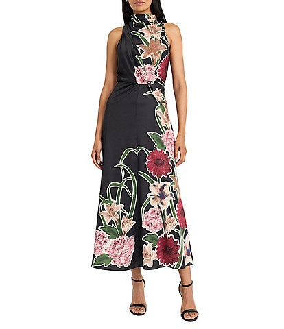 Maggy London Mock Neck Floral Print Satin Charmeuse Twist Front Blouson Maxi Dress