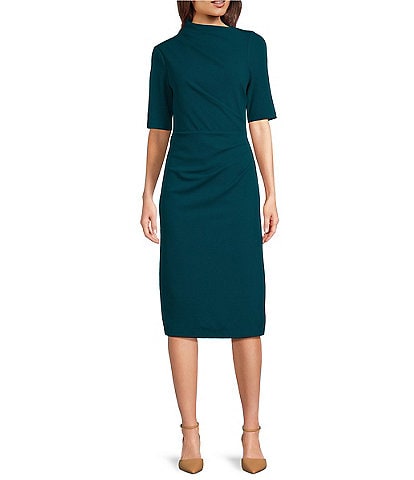 Maggy London Mock Neck Short Sleeve Draped Midi Sheath Dress