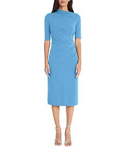 Maggy London Mock Neck Short Sleeve Draped Midi Sheath Dress