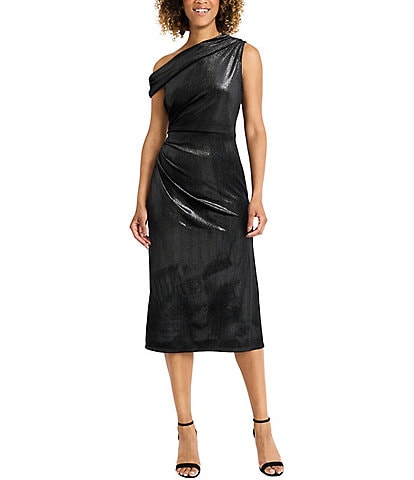 Maggy London One Shoulder Draped Foiled Velvet Midi Dress