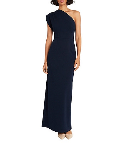 Maggy London One Shoulder Tulip Sleeve Crepe Column Gown