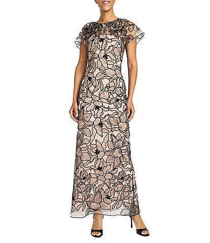 Maggy London Outlined Orchid Embroidered Mesh Flutter Sleeve Dress