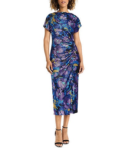 Maggy London Pleated Floral Velvet Boat Neck Short Sleeve Gathered Side Midi Dress