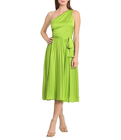 Maggy London Pleated One Shoulder Belted A-Line Dress