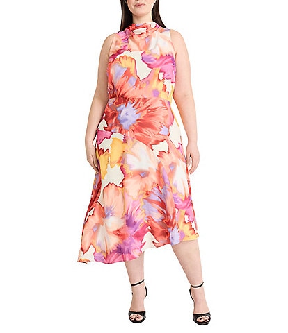 Maggy London Plus Size Cowl Neck Floral Slip Sleeveless Midi Dress