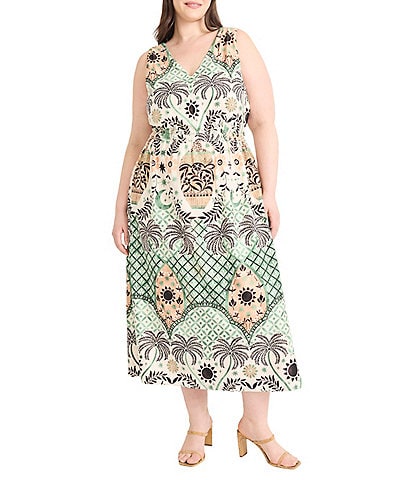 Maggy London Plus Size Palm Tree Print Sleeveless V-Neck A-Line Midi Dress